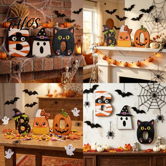 Halloween Home Decorations Wooden BOO Decoration for Tiered Trays, Creative Solid Wood Boo Sign Tabletop Centerpieces Party Decor