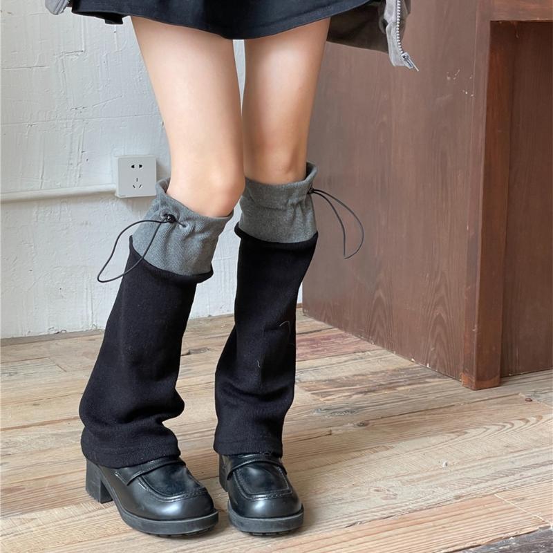 Winter Autumn Knitted Drawstring Leg Warmer Gothic Colorblock Foot Covers Flared Hem Loose Knee High Socks for Women