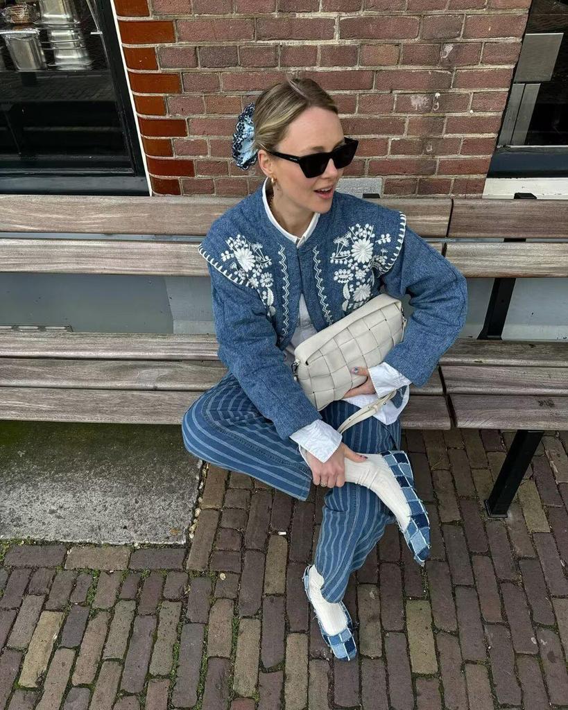 Retro Style Women's Denim Cotton Jacket: European-American Fashion Print, Open Front, Warm Coat