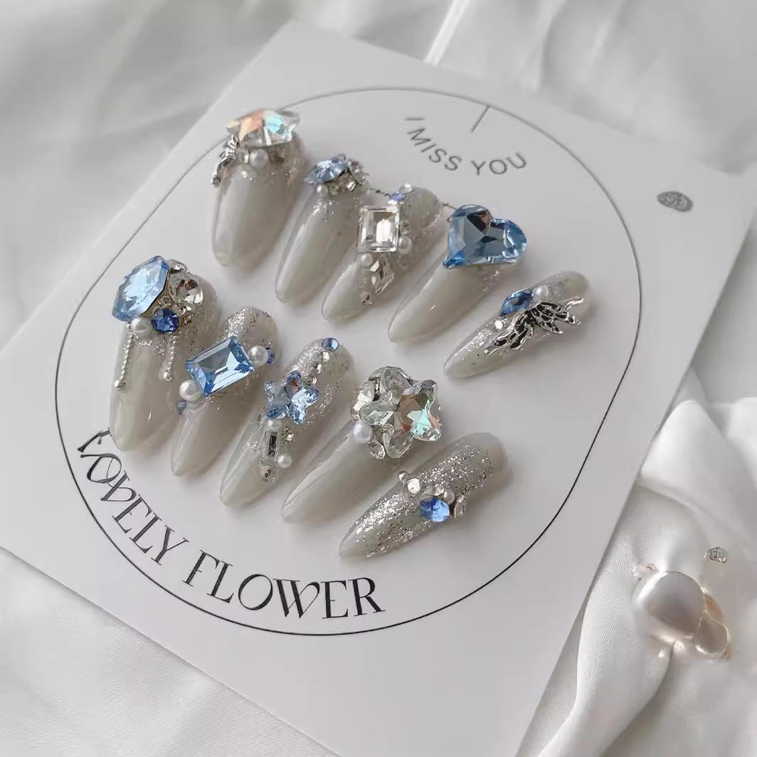

Handmade Blue Ocean Star Rhinestone Nails - Removable for Women & Maternity Galaxy View XS