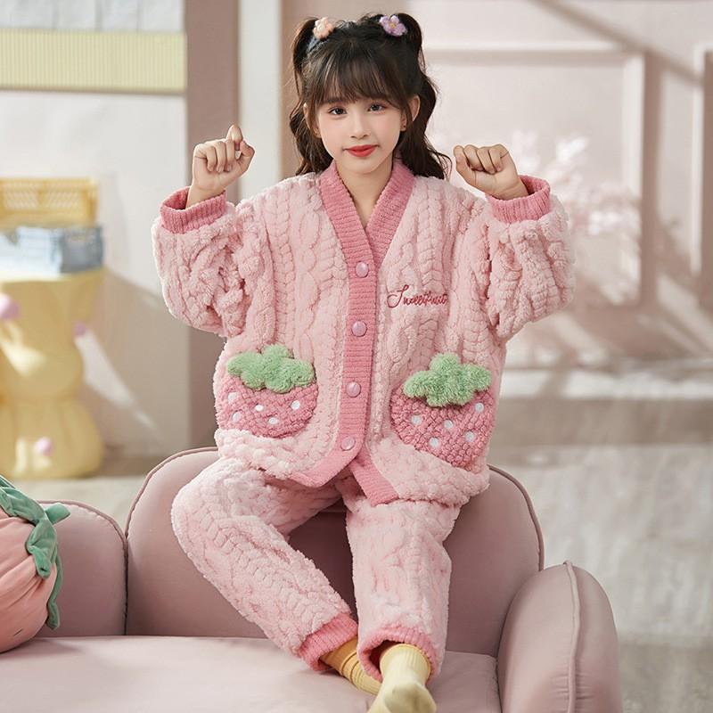 Girls Cartoon Fleece Pajama Set Warm Long Sleeve Open Front Sleepwear Winter Home Use