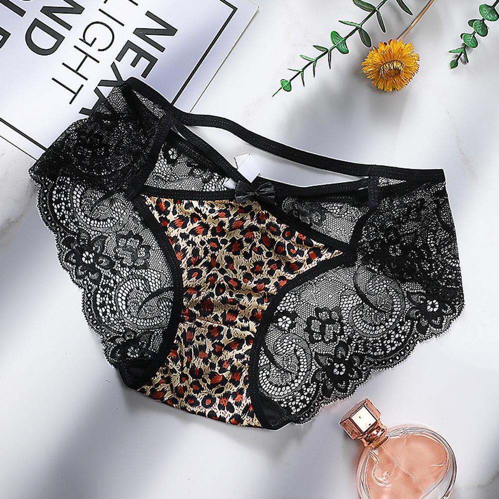 Women Bownot Transparent Low waist Leopard Panties Lace Thongs Briefs Underwear
