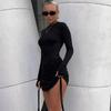 Pleated O-neck Long Sleeved Black Drawstring Spring and Autumn Sexy Tight Fitting Strap Mini Women's Dress