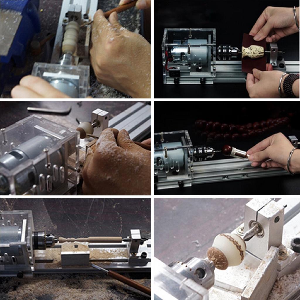 DC 12-24V Mini Lathe Beads Machine Woodwork DIY Lathe Standard Set with Carving Cutter Wood Lathe