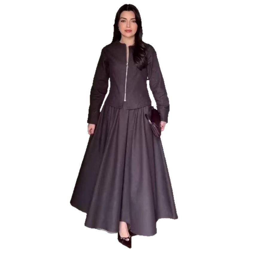 Cross-border European and American women's clothing Amazon crew neck zipper long-sleeved slim top fashionable big swing dress