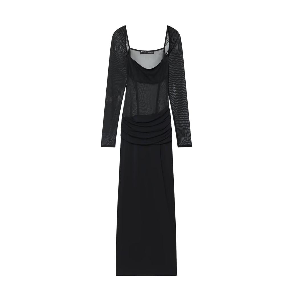 Europe, America, autumn and winter new square neck long-sleeved sexy versatile royal sister backless tight long dress
