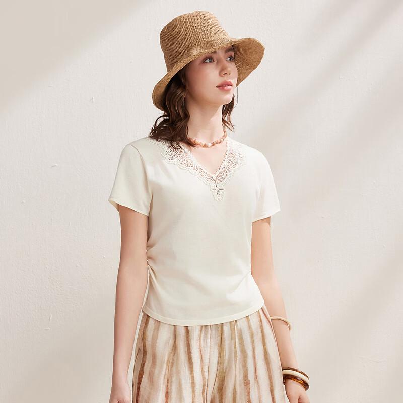 Zhaojun Women's Silk Blend Lace V-Neck Slim Fit Short Sleeve T-Shirt