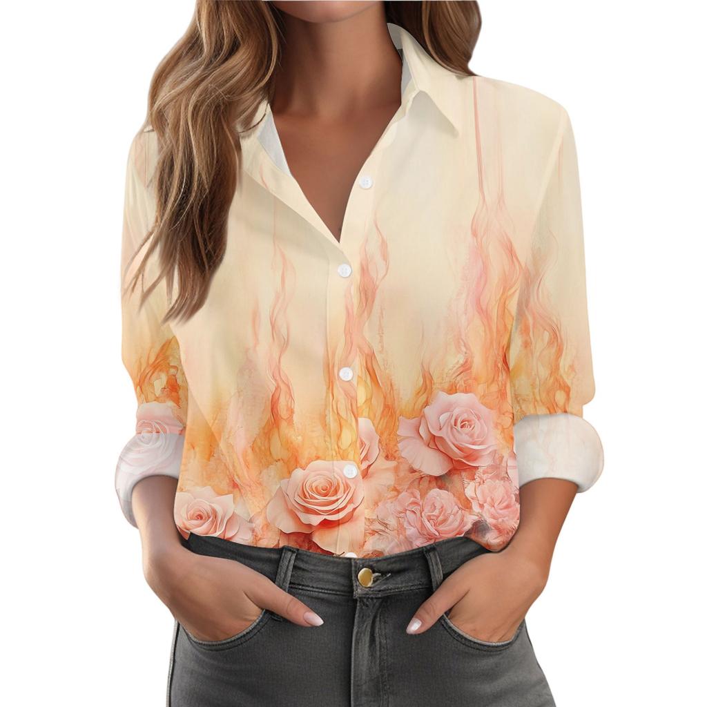 Women's Shirt With Floral Print Buttons, Long Sleeved Casual Regular Shirt Blouses Casual Plus Size Basic Tops