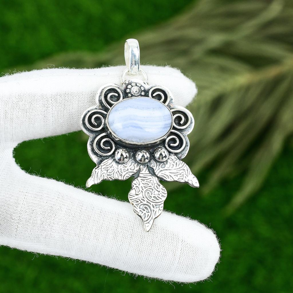 Sisters Day Deal Blue Lace Agate Gemstone Mother Pendant Jewelry Sterling Silver
