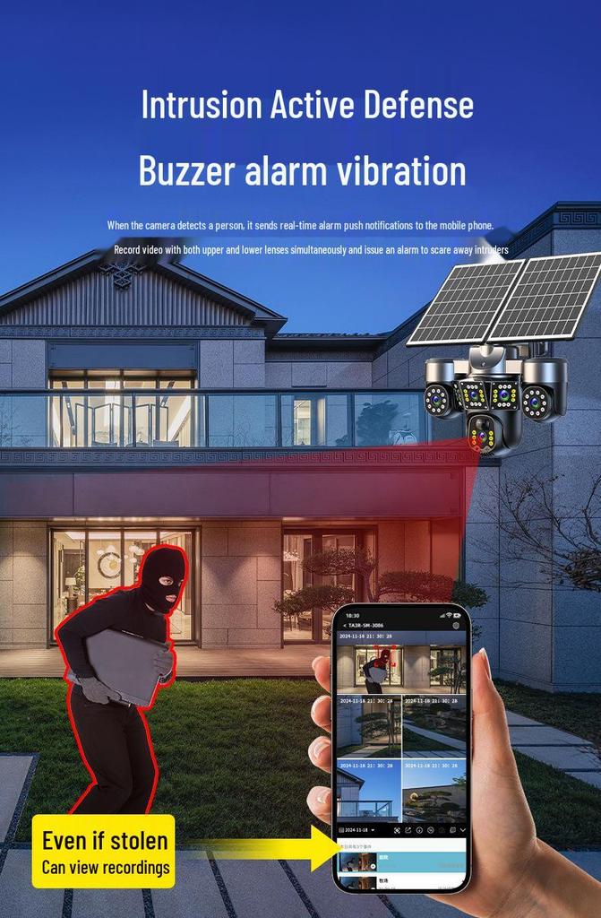 5-Screen Solar 360° Surveillance Monitor with No-Data HD Night Vision Camera