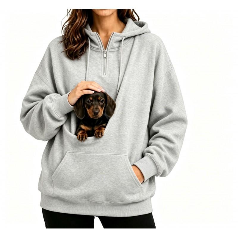 Womens Half-Zip Hooded Sweatshirt With Pet Pocket Loose Fit Fall Winter Top Small Dogs