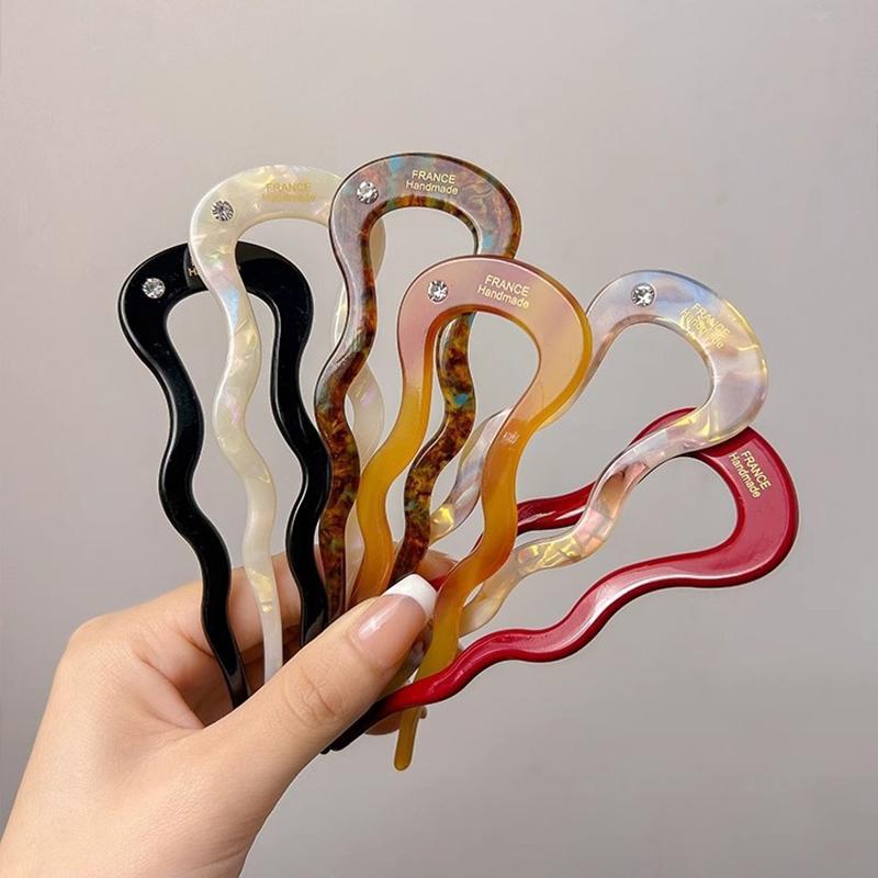 French Twist Hair Stick Hair Clip Acetate Wavy U-Shaped Hairpin Vintage Tortoise Shell Women Hair Bun Pin Headwear Accessories