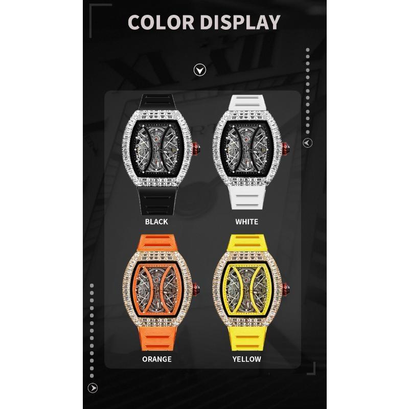 Top Brand Men's Automatic Mechanical Watch Fashion Tonneau Case Luminous Pointer Diamond Skeleton Watch