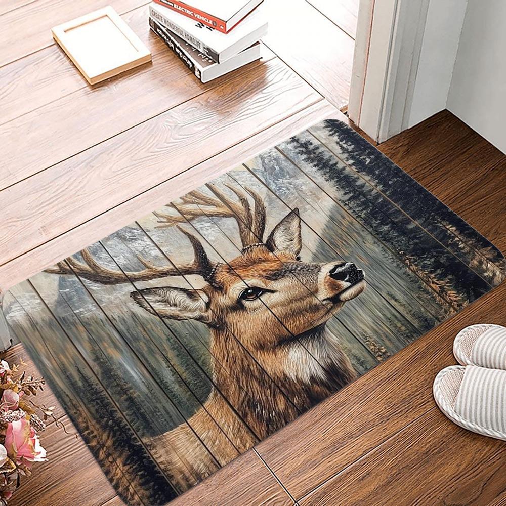 Wood Deer Print Doormat Non-Slip Rugs for Living Room Bedroom Kitchen Laundry Mat Machine Washable Home Decor Carpet