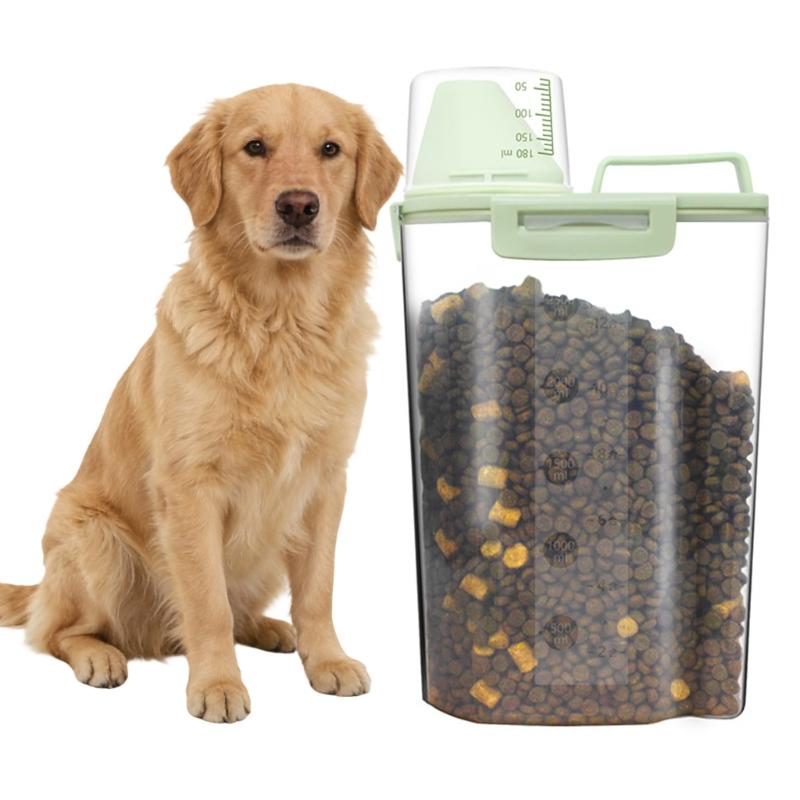 Transparent Plastic Pet Food Storage Box With Measuring Cup And Secure Handles Great For Travel and Home Indoor Use