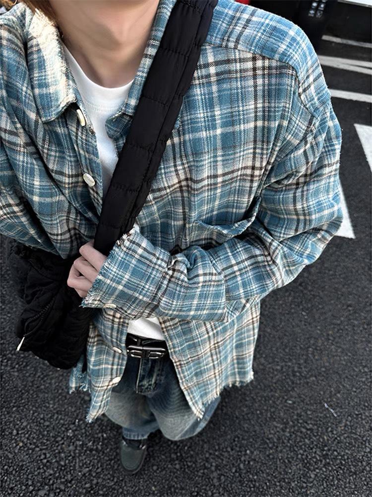 

Рубашка из фланели в клетку с бахромой в стиле ретро, унисекс, весенняя, свободного кроя M