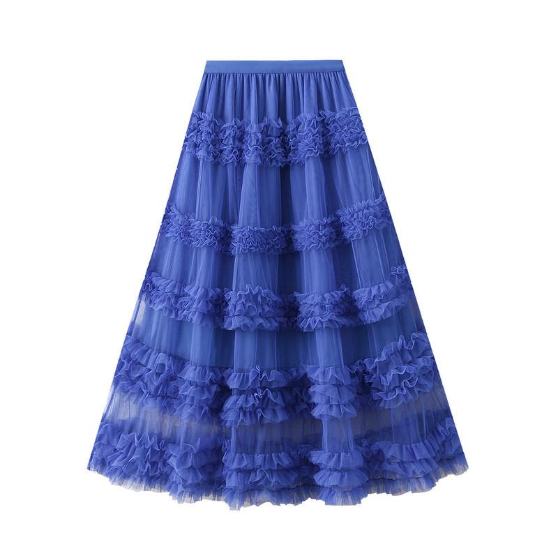 Qooth Ruffle Tiered Tulle Skirt  High-Waist Layered Maxi Skirt Sweet & Luxurious Style QT2503 One Size синий