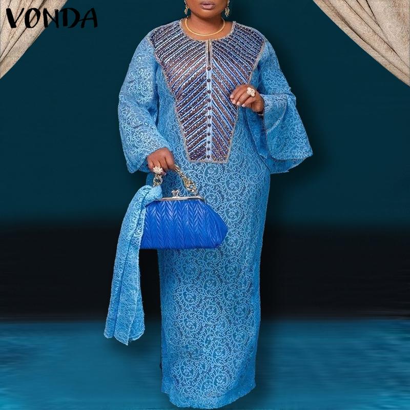 

VONDA женское свободное платье большого размера с круглым вырезом, расклешенными длинными рукавами и полосатым принтом