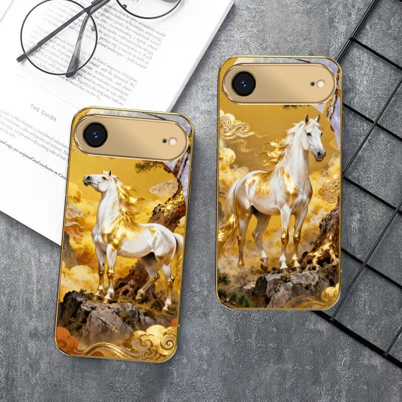 Tall and Sturdy Horse For IPhone 17Pro Max 16 17 Pro 15 Pro 14 13 Plus 12 Mini 11Pro Max XR 16E 17 Air Golden Glass Phone Case