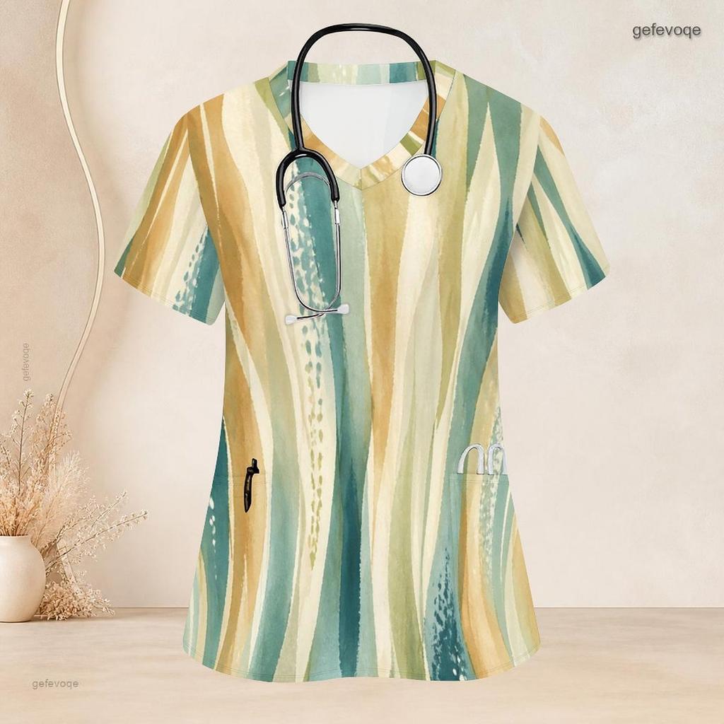 Women Plus Size Watercolor Floral Printed Nurse Scrub Top V Neck Short Sleeve With Front Pockets