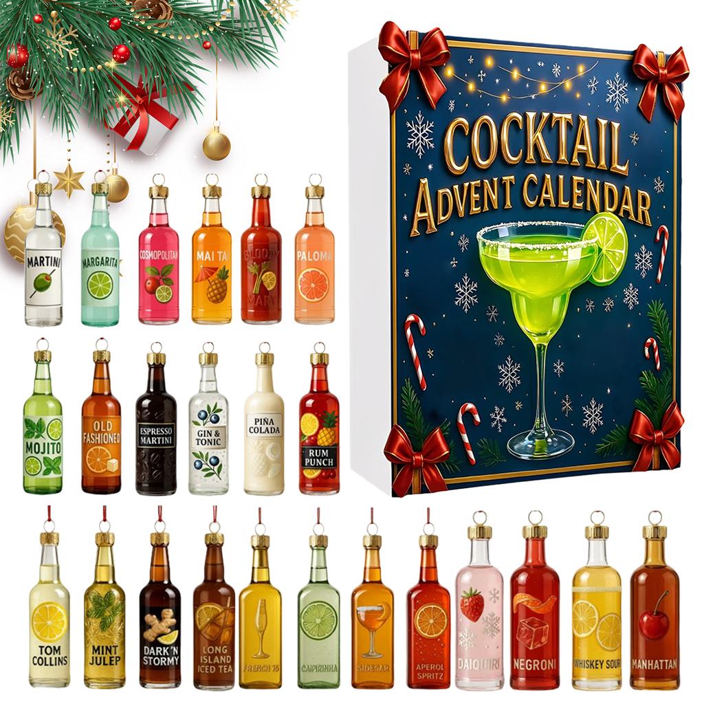 Cocktail Christmas Advent Calendar 2025 Xmas Gifts with 2D Flat Cocktail Ornaments Christmas Countdown Calendar Home Decoration