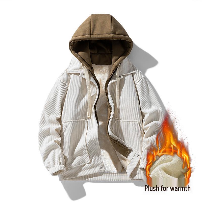Japanese Trendy Corduroy Hooded Jacket with Fleece Lining: Autumn/Winter Hong Kong Style for Men