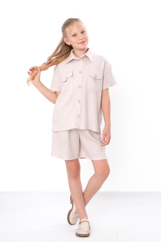

Teen Girls’ Linen Viscose Set – Short Sleeve Shirt with Buttons & Comfy Elastic Waist Shorts, Summer , 6482-070 HC 140 екрю