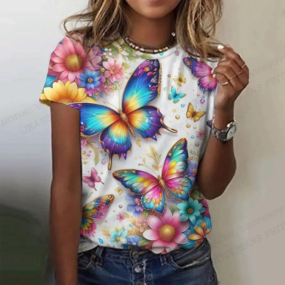 Summer Round Neck 3D Butterfly Flower Pattern Printed Top Fashionable Casual Short Sleeved Women's T-shirts