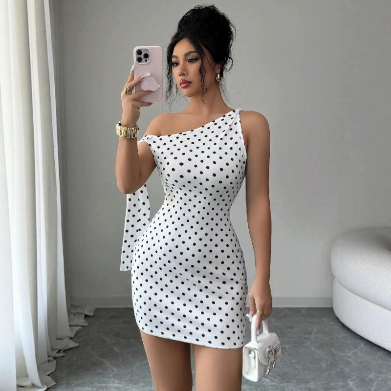 Women Sexy Polka Dot One Shoulder Tie Slim Bodycon Mini Dress