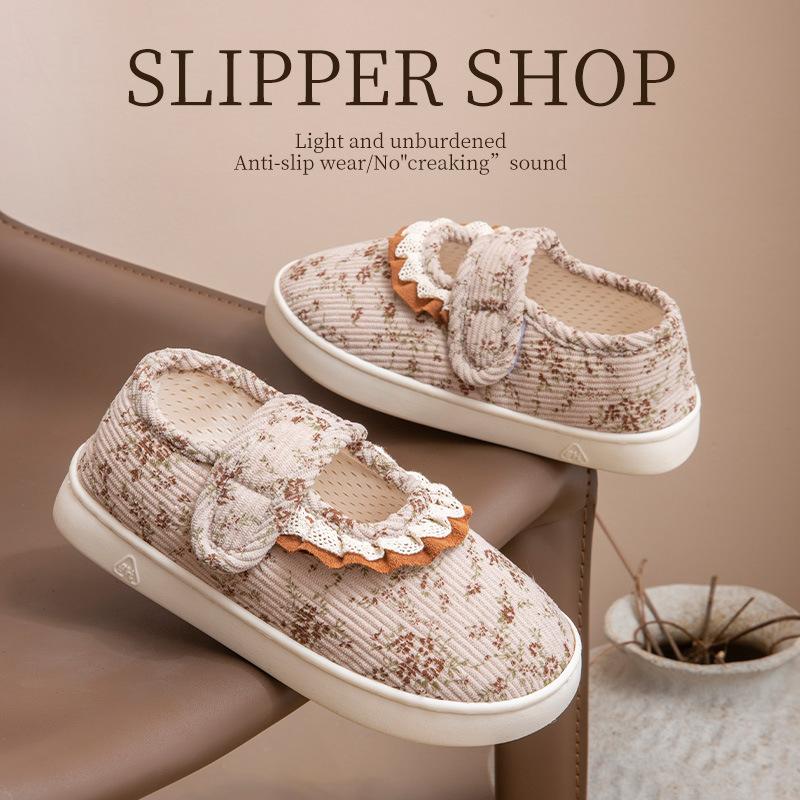 Cotton Boots Thin Shoes Retro Bow Pregnant Women Spring and Summer Comfortable Cotton Shoes Heel Bag Summer Lace Home