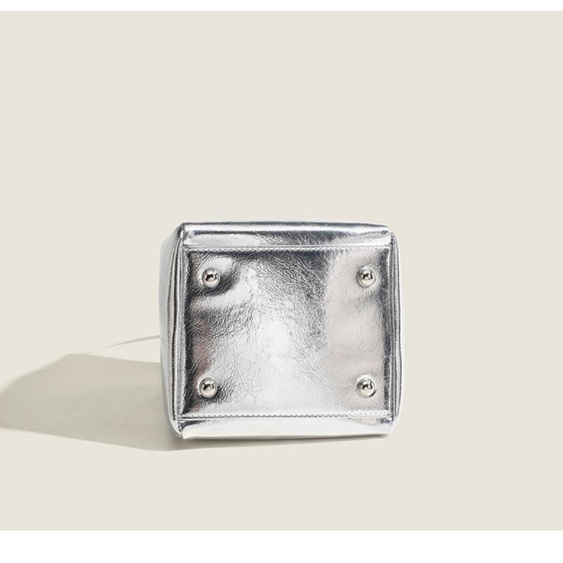 Top-Handle Bag for Women Simple Silver Bucket Bags Casual Ladies Black PU Leather Handbags Mini Bag Square Purse Fashion