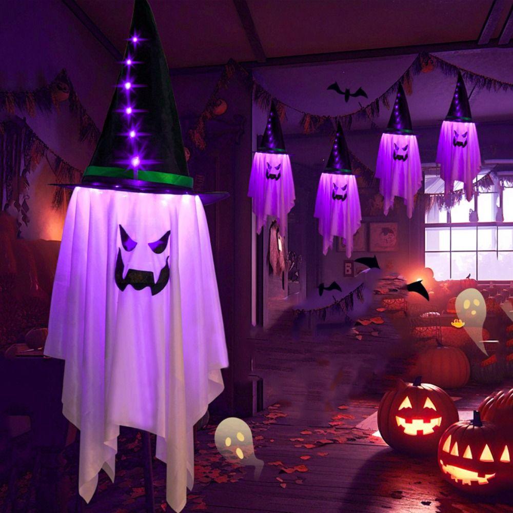 

Hanging Glowing Wizard Ghost Lamp White/Orange Flying Witch Hats Ghost Lawn