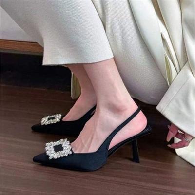 Tempérament talons fins chaussures simples femmes sortir strass vide talons hauts couleur unie tête de sac sandales pour pieds femmes