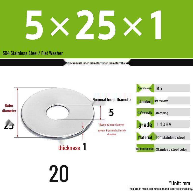 304 Stainless Steel Thickened Flat Washer Set, Sizes 2-36