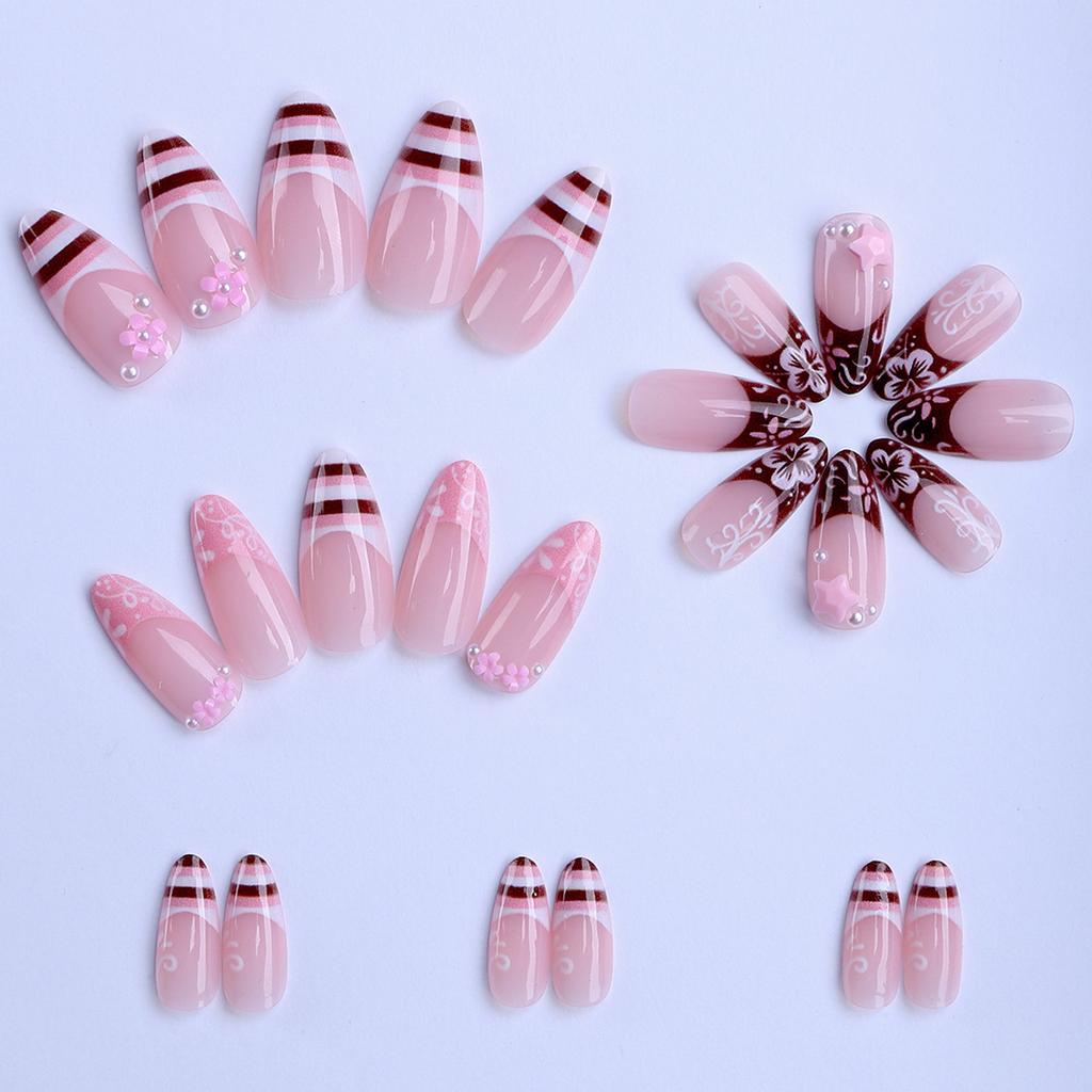 24pcs Spring Day Sweet False Nails Cute Pink Flower Star Pearl Designs Press On Nails Stripes French Style Almond Fake Nail