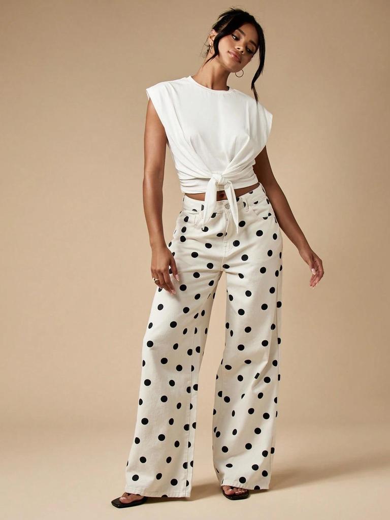 European Style Polka Dot Casual Mid-Waist Non-Stretch Long Denim Pants for Women