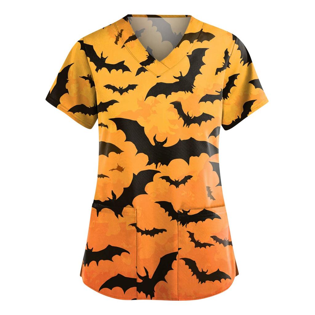 Women's Fashion V-Neck Short Sleeve Overalls With Pockets Halloween Printed Tops  Apparel