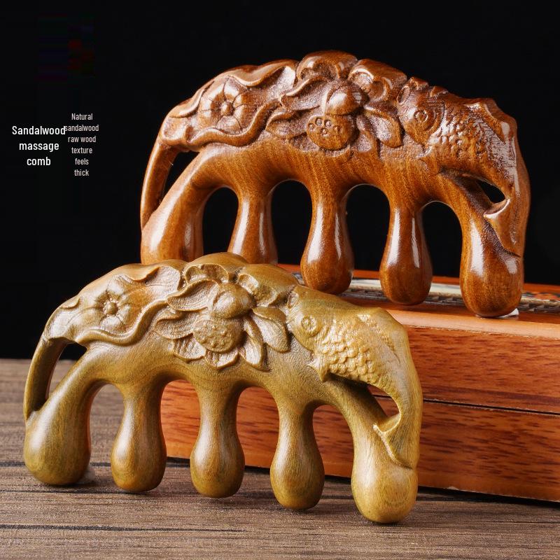 

Sandalwood Meridian Dredging Comb - Five-Tooth Ball Tip with Lotus Fish Carving