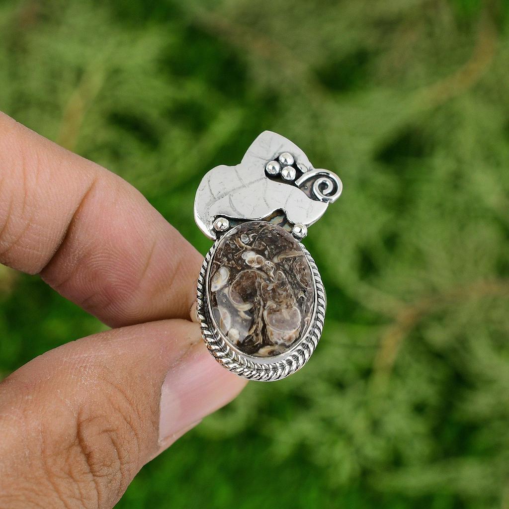 Natural Turritella Agate Gemstone 925 Silver Promise Ring Size 7 For Girls