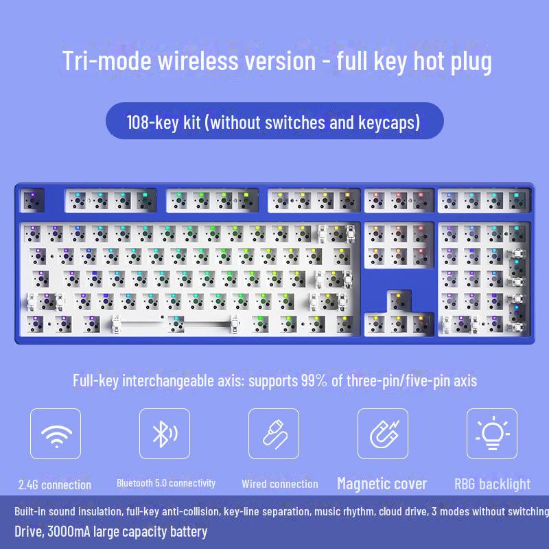 Kit de clavier mécanique sans fil Bluetooth à monter soi-même, RVB, trois modes, 84 à 108 touches
