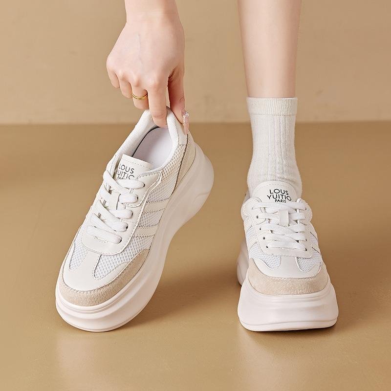 Leather mesh white shoes women's thick-soled inner height increase dad shoes women's lace-up casual student shoes women