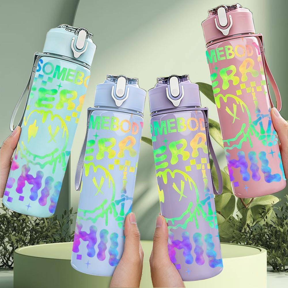 1PC Merry Merry Merry Child Rainbow Print 750ml Color Plastic Sports Water Bottle Leakproof Flip Straw Lid Suitable for Sports Office Home Use