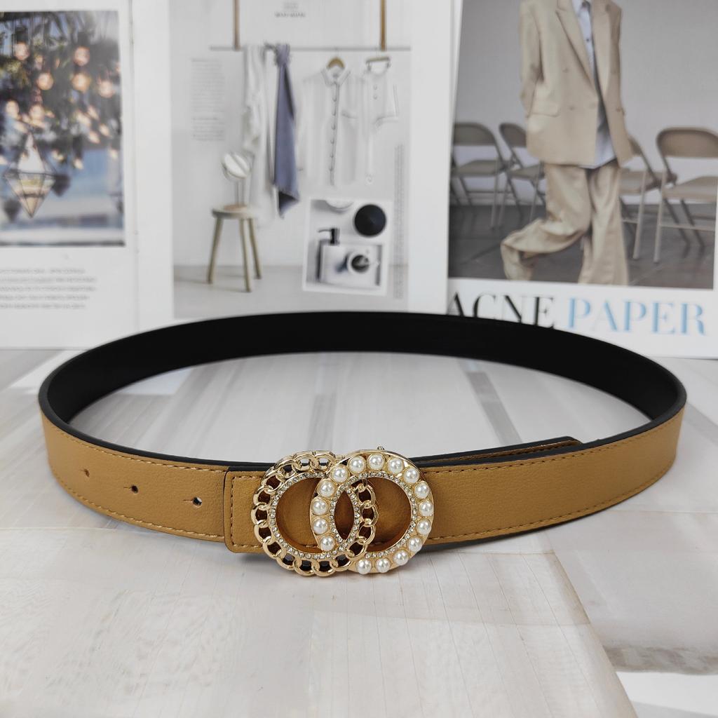 Colored Lychee Pattern Cowhide Belt Women'S Double Circle Pearl Smooth Buckle Simple Dress Belt