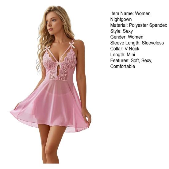 Women's Lace Babydoll Nightdress Sheer Mesh V Neck Mini Slip Dress Spaghetti Strap Sexy