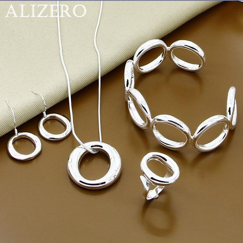 

ALIZERO Серебро 925 Круглый Круг O Браслеты Ожерелье Серьги Кольца для Женщин Свадебная Вечеринка Подарок Украшения Набор из 4 шт. resizable