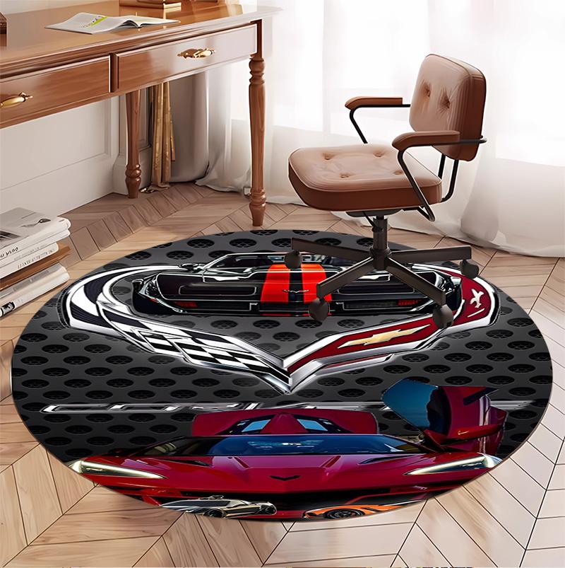 Chevrolet Corvette Desenli Yuvarlak Halı, İç/Dış Mekan Paspası, Piknik, Oyun Odası, Yatak Odası, Ofis, Oturma Odası, Ev Dekorasyonu Halısı, Doğum Günü Hediyesi