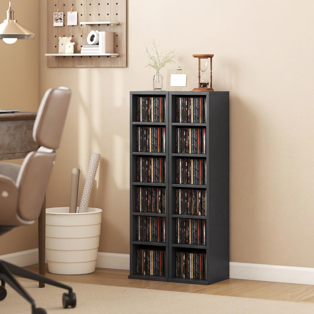 Set di 2 Scaffalature Espositive per CD a Torre con Ripiani Regolabili, Nero