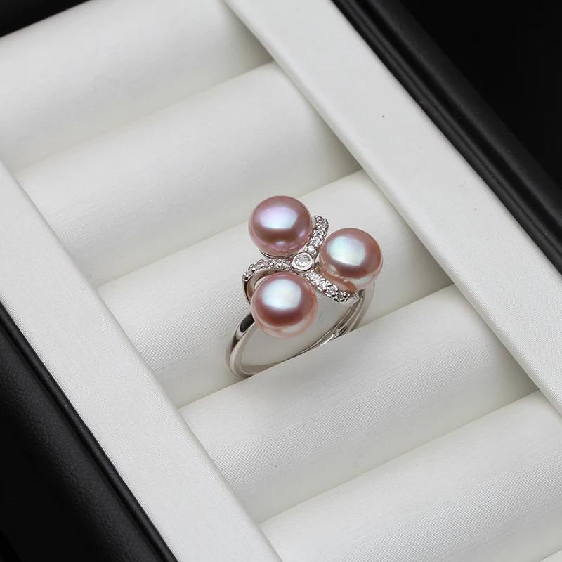 Real 925 Sterling Silver Pearl Ring Double Ladies Woman,White Natural Freshwater Adjustable Pearl Ring Wife Mother Birthday Gift