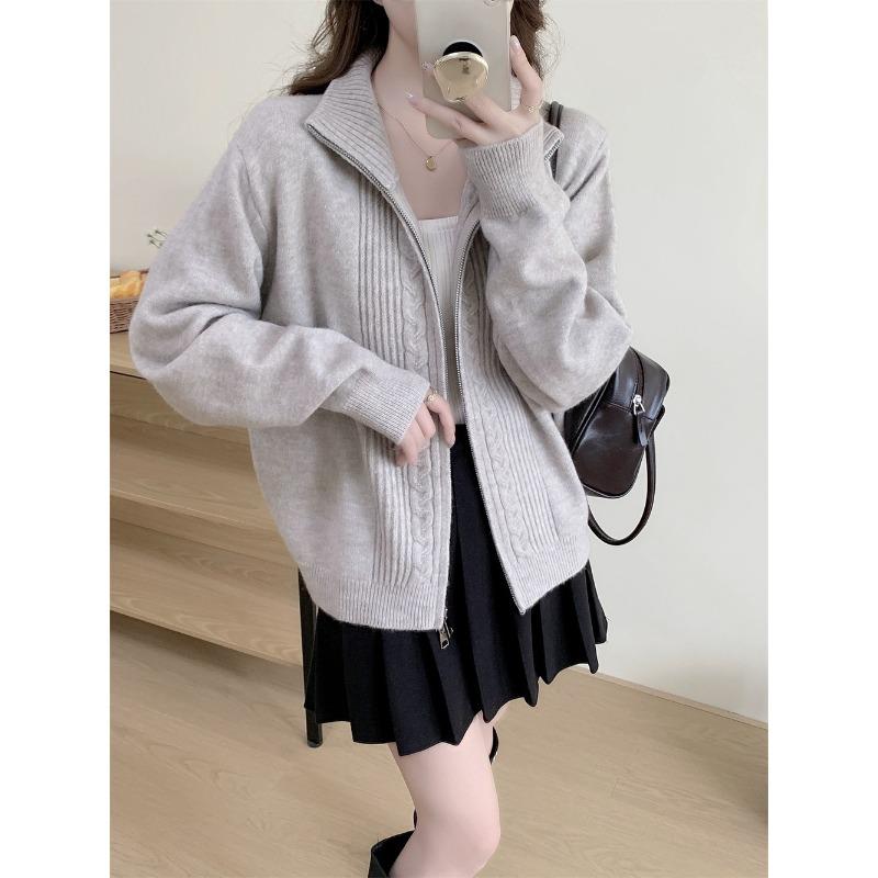 Autumn and winter new simple stand-up collar twist double zipper knitted cardigan women's loose lazy sweater jacket