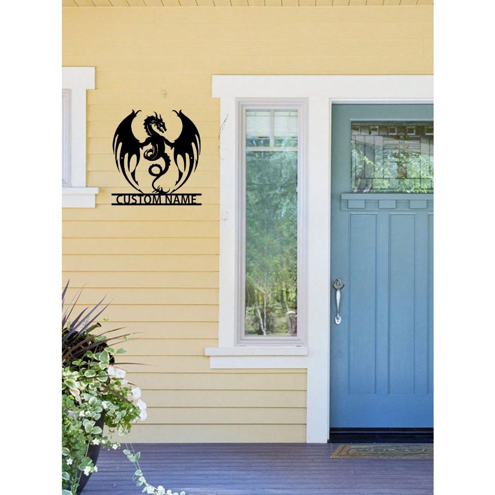 1 Pc Custom Flaming Dragon Metal Wall Art, Personalized Sign for Patio Farmhouse Decor, Weatherproof Rustproof Gift